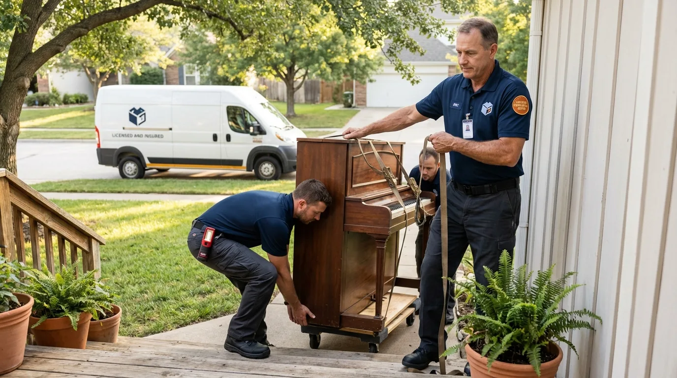 Licensed piano movers securing grand piano in Weiser, ID