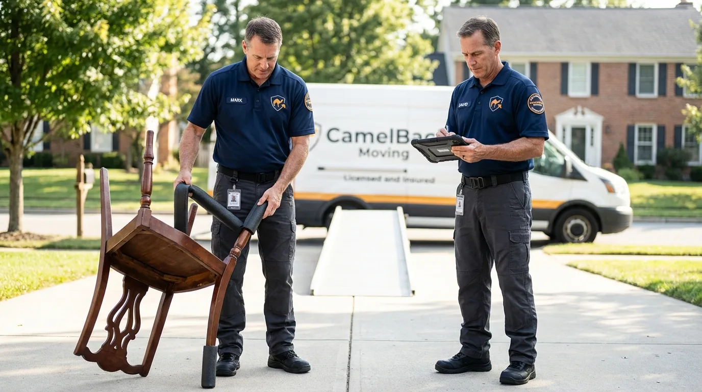 Movers inspecting furniture for damage prevention before loading in Weiser, ID