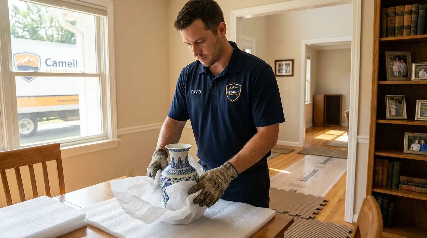 Professional crew carefully wrapping antique vase for senior downsizing move in Weiser, ID